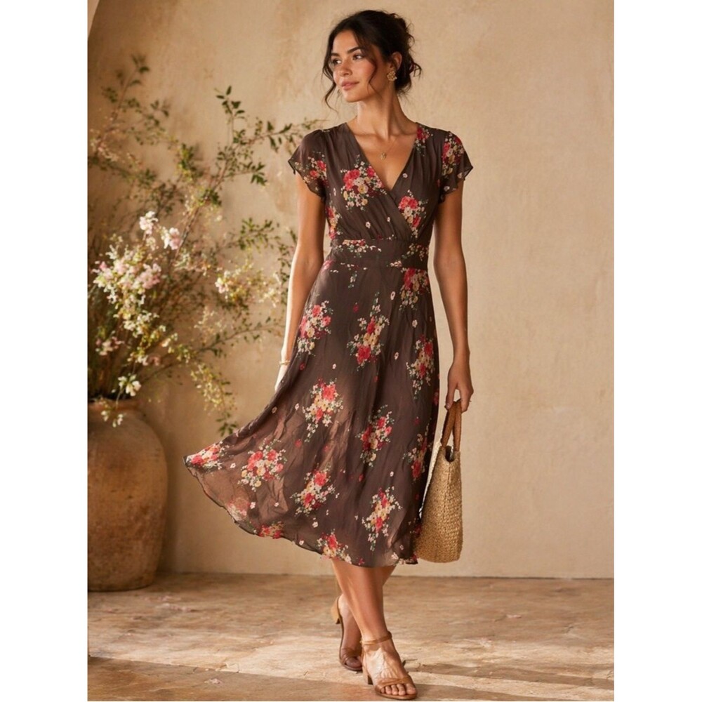 David Warren New York 100% Silk Brown Floral Midi Dress Size 10 V Neck